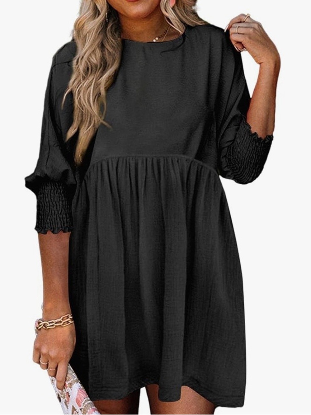Black Smocked-Sleeve Mini Dress